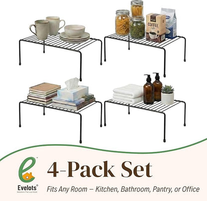 Evelots Kitchen Cabinet Wire Shelf Organizer/Rack - 4 Pack Sturdy Metal Shelf Risers - Double Your Counter Space - Great for Kitchen, Freezer, Pantry and Bathroom - Rustproof - Black