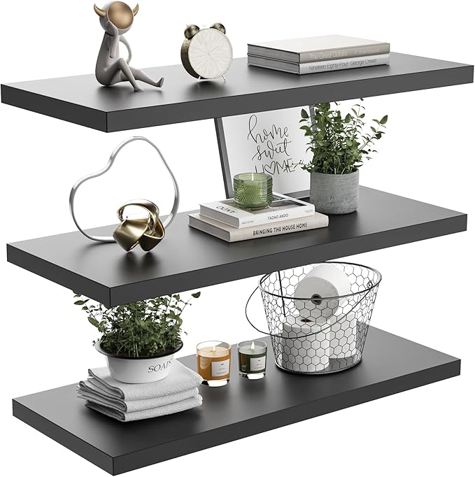 JPND Wall Shelf Set of 3, Black Floating Shelves 24 in W x 10 in D x 1 in H, Wooden Floating Wall Shelf with Invisible Brackets for Living Room/Bedroom/Bathroom/Kitchen Storage and Decor