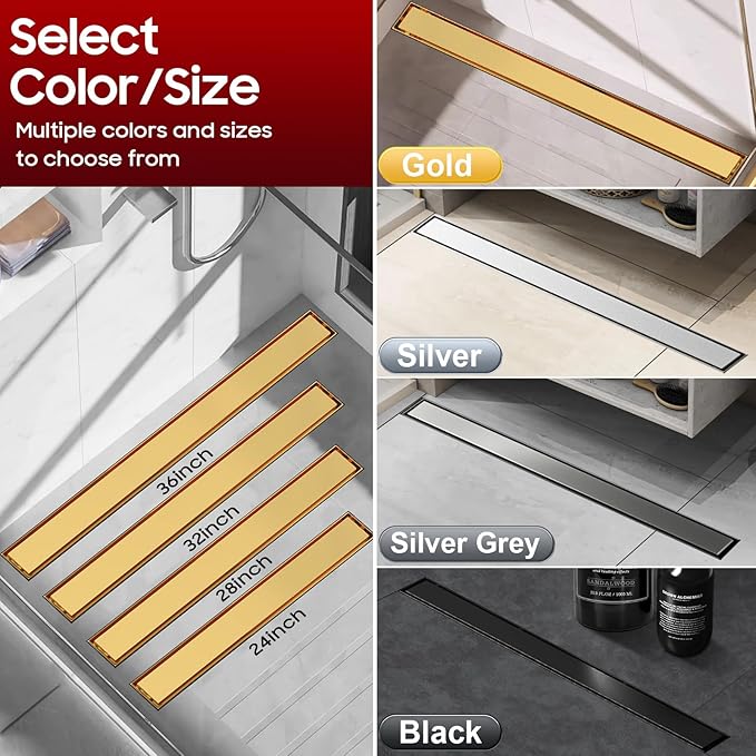 DLONE Linear Shower Drain | 60" AISI 304 Stainless Steel Linear Drain, Brushed Gold Shower Drain with Tile Insert Panel & Adjustable Feet, Long Rectangle Shower Floor Drain in Bathroom, Balcony, etc
