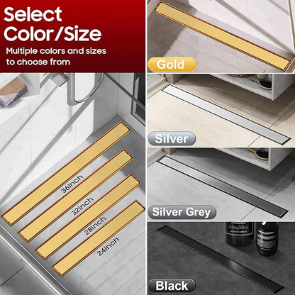 DLONE Linear Shower Drain | 36" AISI 304 Stainless Steel Linear Drain, Brushed Gold Shower Drain with Tile Insert Panel & Adjustable Feet, Long Rectangle Shower Floor Drain in Bathroom, Balcony, etc