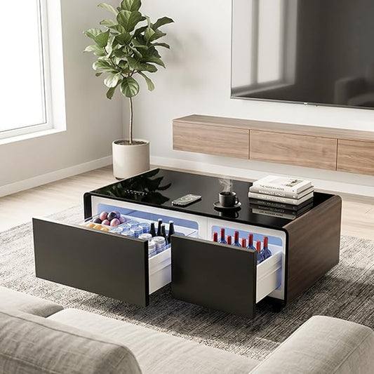 Smart Coffee Table with Fridge and Bluetooth Speakers, Smart Refrigerator Table with 15W Wireless Charger, Touch Control Panel, USB Port, Atmosphere Light and More, LT90 Pro-Brown
