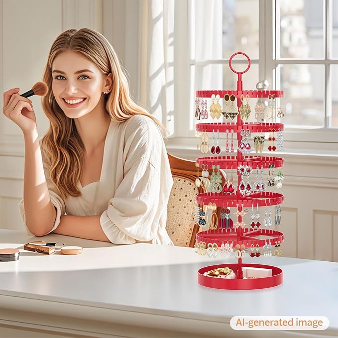 iDavosic.ly 5 Tier Rotating Earring Holder Organizer with Metal Tray, Adjustable Plastic Dangle Display Stands Tree with 285 Grooves, Large Hoop Storage Rack Tower, Red