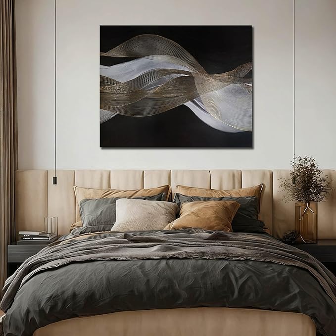 ZENPEE Modern Gold and White Wave Wall Art, Hand Painted on Canvas, Black Background, Textured Wall Art, Framed, Ready to Hang, Contemporary Decor for Living Room Office 32x40 In