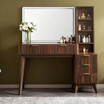 RedLemon 48" Fluted Vanity Desk with 36" Large HD Mirror and Lights, Modern Wood Glass Tabletop Makeup Table with Adjustable Storage Shelves, 5 Drawers, Charging Station for Bedroom, Dark Walnut