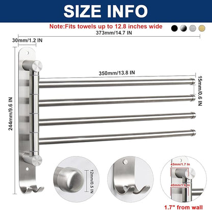 NearMoon Swivel Towel Rack, 13.8" Thicken 304 Stainless Steel 4-Arm Towel Bar, Space Saving Wall Mounted Towel Holder with Hook, Rustproof Swing Out Towel Hanger for Bathroom, Kitchen (Brushed Nickel)