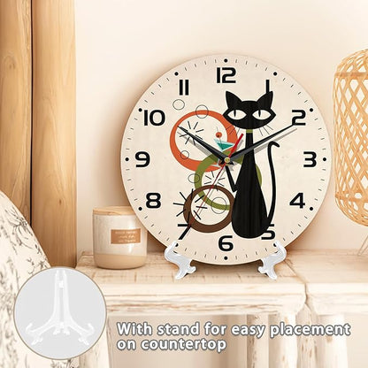 Wall Clock, Black Cat Wall Clocks Wooden Wall Clock Art Hanging Clocks Silent Non-Ticking Wall Clock Battery Operated Round Home Arabic Numeral Decorative Wall Clocks 10 Inch