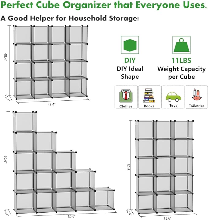 C&AHOME 16-Cube Storage Organizer, Plastic Shelves Units, DIY Closet Organizer, Modular Shelves Ideal for Home, Bedroom, 48.4" L 12.4" W 48.4" H Grey UPCS16G