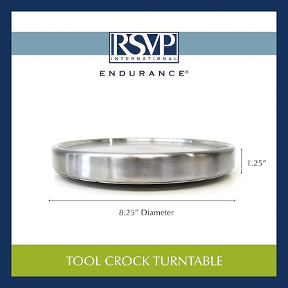RSVP International Endurance Tool Crock Turntable Lazy Susan, Stainless Steel, 8.25" | Organize Spices & Small Bottles | Spins Easy | Handy in Cabinets or on Counters