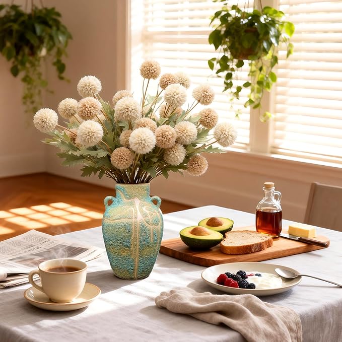 Large Ceramic Flower Vase, 9.8 Inch Tall Rustic Farmhouse Table Vase with 2 Handles, Handcrafted Glaze Textured Home Décor for Living Room, Bedroom, Bookshelf, Mantel, or Office
