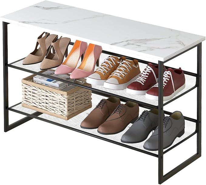Garden 4 you 3 Tiers White Marble Shoe Rack,Freestanding Organizer Multi-Purpose Adjustable Flat and Slant Storage Rack Shoe Shelf, High Heels Potted Plant for Entryway Hallway Living Room Closet