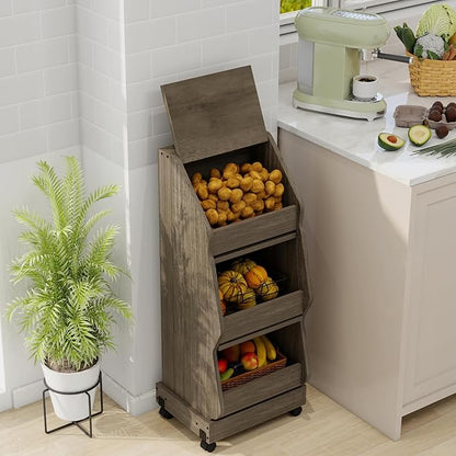 ARTETHYS Potato and Onion Storage Bin with Wheels Gray Set of 2 Movable Bread Box with Lid Onion Organizer with Grocery Section Decorative Vegetable Organization Cabinet for Kitchen