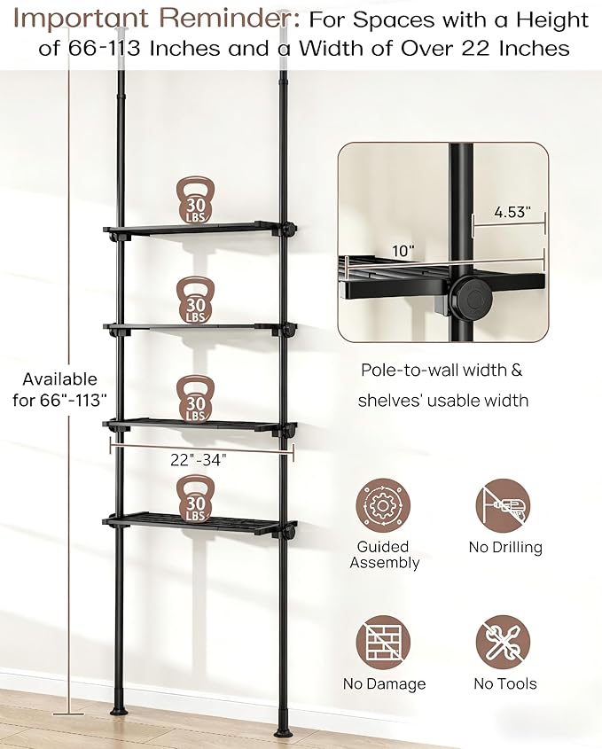 ALLZONE Adjustable Over The Toilet Storage Shelf, 4-Tier Ample Bathroom Organizer and Storage, Tension Mounted Above Toilet Storages Cabinet for Versatility, Fits 66-113 Inch Heights, Matte Black