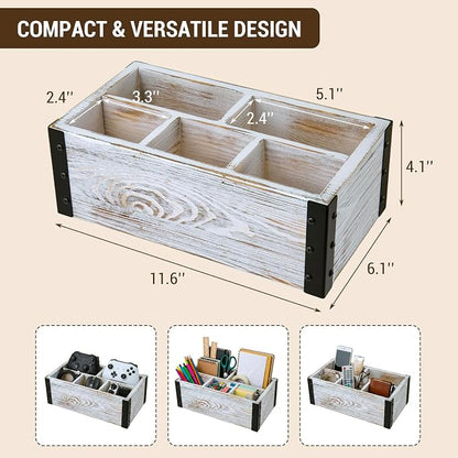MyGift Rustic Whitewashed Wood 5-Compartment Remote Control and Media Storage Organizer with Black Metal Corner Trim