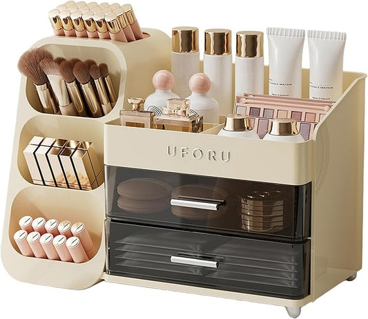 Makeup Organizer for Vanity with Brush Holder, Countertop Skincare Organizer with 2 Drawers, Spacious Cosmetic Display Case for Perfumes, Eyeshadow Palettes, Nail Polishes