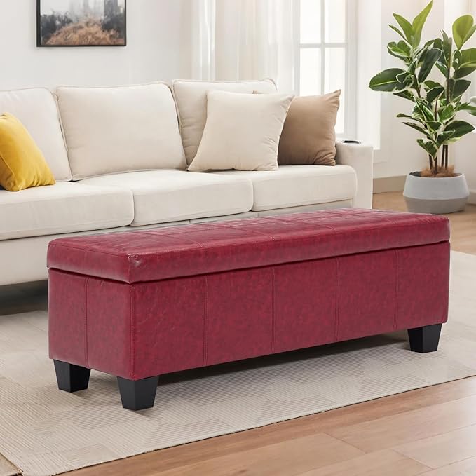 41" Storage Ottoman Bench, Faux Leather Storage Foot Rest with Safety Hinge, Load up to 660 lb Upholstered Tufted Entryway Bench with Seating for Living Room, Bedroom, Wine Red