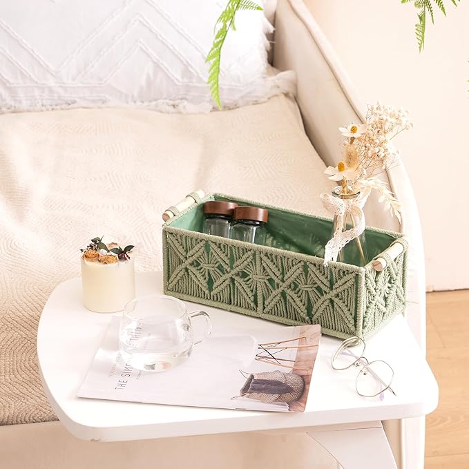 Nonam Macrame Storage Baskets, Boho Decor Style Woven Storage Boxes for Home Organization, Toilet Tank Shelf Cabinet Organizer Baskets,Set of 2,Green