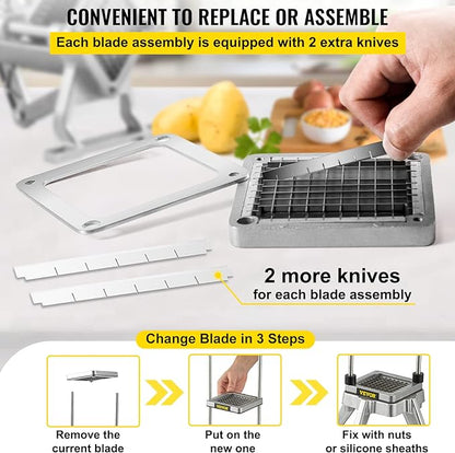 VEVOR Replacement Chopper Blade, 3/8 inch, 3 PCS French Fry Blade Assembly with 6 Extra Knives, Stainless Steel Dicer Parts and Push Block for Cutting Potatoes Carrots Onions Cucumbers Mushrooms