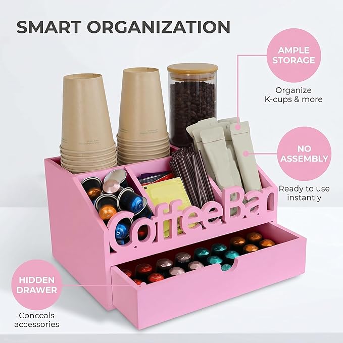 Coffee Bar Organizer for Countertop – Wooden Coffee Station, Tea and K Cup, Condiment Storage Rack, Coffee Pod Holder for Home and Office Counter Organization (Drawer - Pink)