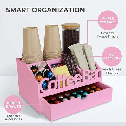 Coffee Bar Organizer for Countertop – Wooden Coffee Station, Tea and K Cup, Condiment Storage Rack, Coffee Pod Holder for Home and Office Counter Organization (Drawer - Pink)