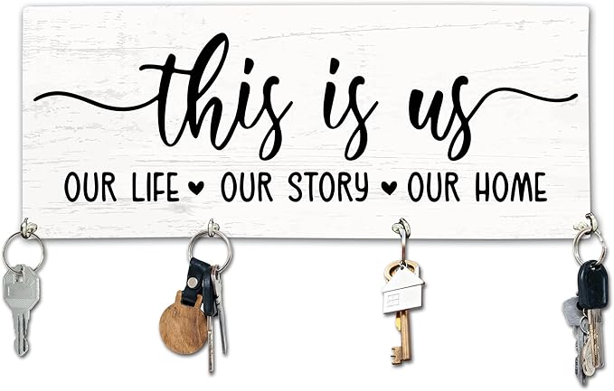 This is Us Wooden Key Holder for Wall - 5"x10" Key Organizer Hanger with 4 Hooks for Home Front Door Hallway Entryway Kitchen - Home Office Decor & Housewarming Gifts Supplies - A05