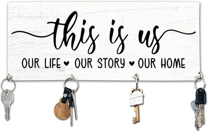 This is Us Wooden Key Holder for Wall - 5"x10" Key Organizer Hanger with 4 Hooks for Home Front Door Hallway Entryway Kitchen - Home Office Decor & Housewarming Gifts Supplies - A05