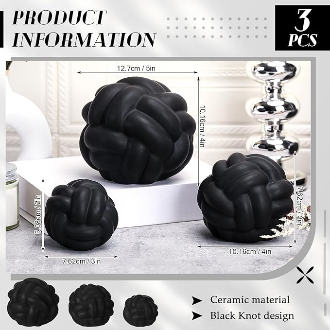 Wenqik 3 Pcs Knot Decor, Link Coffee Table Bookshelf Decor Accents, Ceramic Decorative Objects, Modern Home Minimalist Book Shelf Aesthetic Decoration, 3 Sizes (Matte Black)