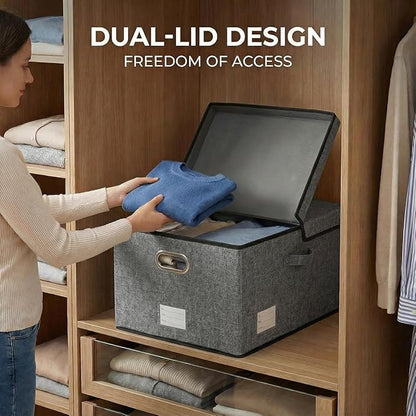 PRANDOM Storage Bins with Lids [3-Pack] Linen Fabric Foldable Storage Boxes Organizer Containers Baskets Cube with Cover for Bedroom Closet Office Grey(23.4X15.9X11.4)