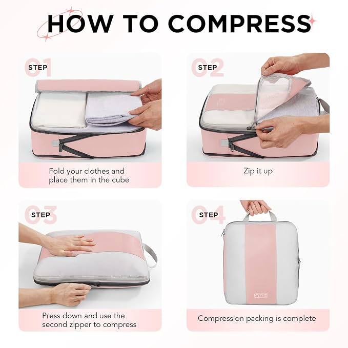 8 Set Compression Packing Cubes for Travel Essentials,Compressible Expandable Packing Cubes for Suitcase,OlarHike Luggage Garment Bags for Travel,Handy Helper for Organizing Clothes(Pink)