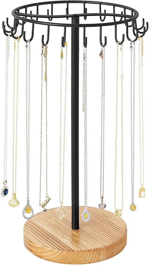 Mkono Necklace Holder Metal Jewelry Display Stand Necklace Organizer with 22 Hooks for Storage and Hanging Bracelet Keychain Home Room Decor for Women,Wood