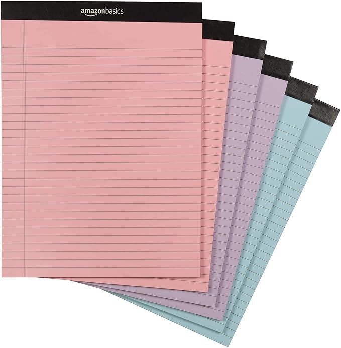 Amazon Basics Wide Ruled 8.5 x 11.75-Inch 50 Sheet Perforated Lined Writing Note Pads, Pack of 72, 300 Count, Multicolor