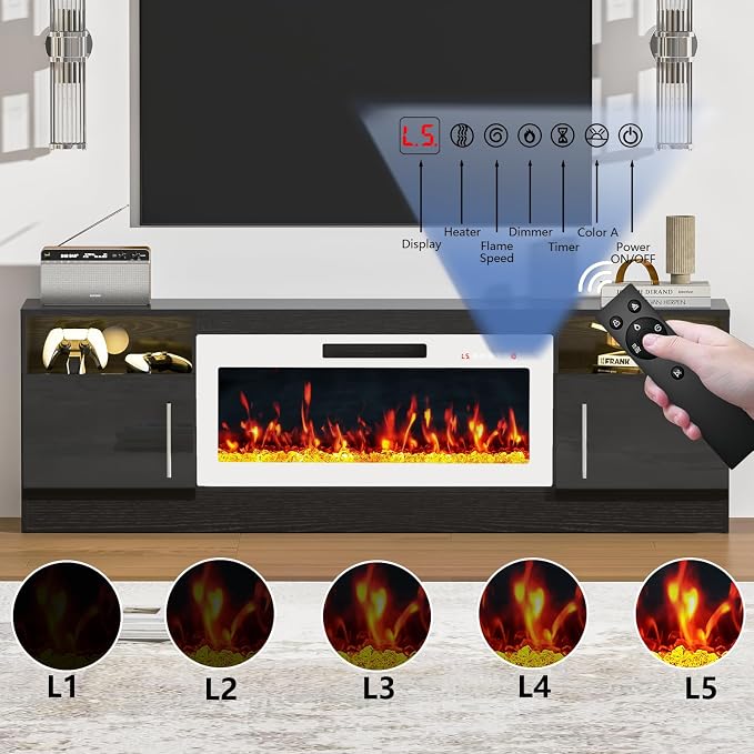 PRETZI Fireplace TV Stand with 36" Fireplace Up to 80" TVs,70" Entertainment Center with LED Lights,Remote Control,TV Media Console with Storage Cabinets for Living Room,White+Black