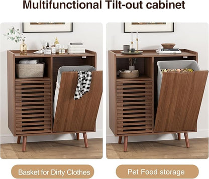 Storage Cabinet with slatted Door, Tilt Out Trash Can Cabinet for 10 Gallon Wooden Dog-Proof Recycling Bin with Hidden Laundry Basket for Kitchen Island and Dining Room, Walnut