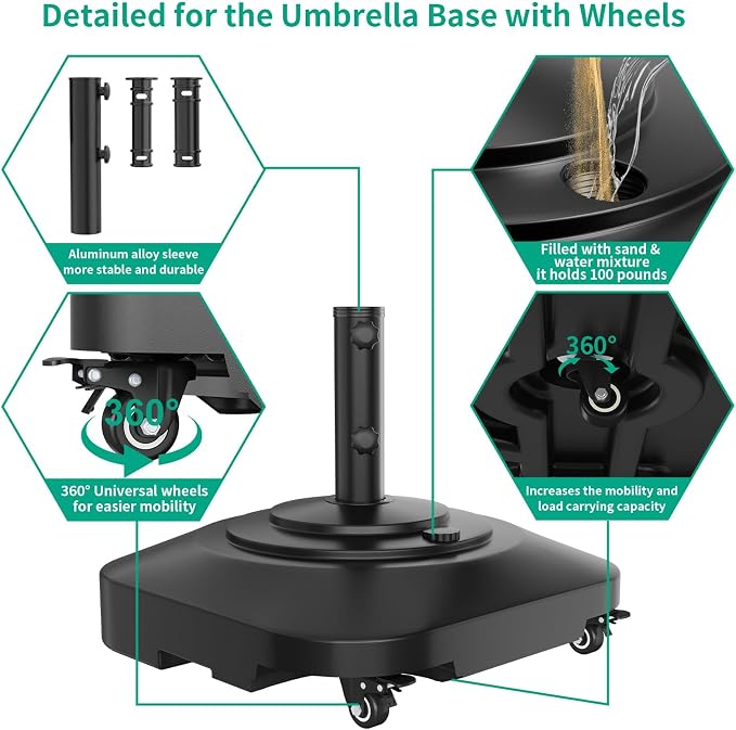 QZER Umbrella Base with 5 Wheels, Upgraded 145lb Umbrella Stand Base, Heavy Duty & Windproof, Fillable Umbrella Base Mobile Umbrella Outdoor for Patio, Deck, Poolside, Lawn, Fits Most Sized Umbrellas