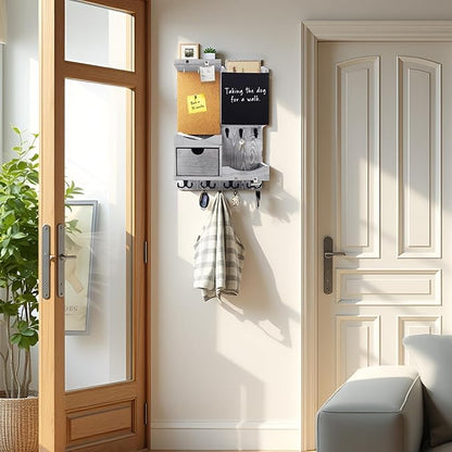 Key Holder Wall Mount， Mail Organizer Key Holder for Wall with Shelf, Drawer, Chalkboard, Corkboard, Home Decor Wall Mounted for Room Entryway(Grey)