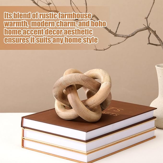 3 Link Wood Knot Decor Rustic Home Décor Accents Hand Carved Coffee Table Decoration, Boho Chain Link Decoration, Modern Shelf, Rustic Objects for Home Living Room Bedroom(Acacia Wood)