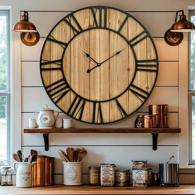 EMAX HOME Large Farmhouse Wall Clock 24 Inch Vintage Brown Wooden Wall Clock with Quiet Ticking and Minimalist Roman Numerals for Bedroom Living Room Office Kitchen Home Decor, Battery Operated
