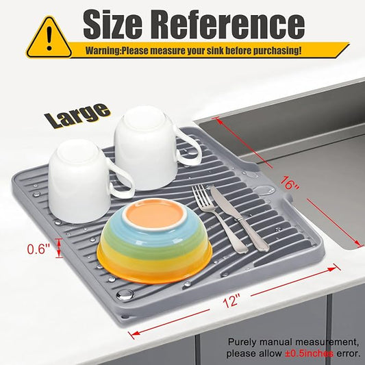 TIKNIK Silicone Dish Drying Mat for Kitchen Counter - Heat Resistant & Non-Slip Dish Drain Pad with Built-In Drain, Dishwasher Safe, Quick-Dry, Hangable & Roll-Up for Storage, Grey-1pcs, 16" x 12"