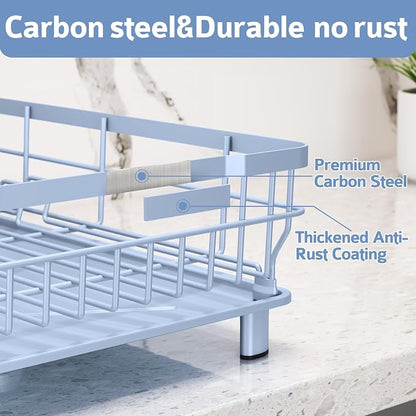 Dish Drying Rack - Space Saving Dish Rack - Dish Racks for Kitchen Counter with Drainboard,Rustproof Dish Drainer with Removable Utensil Holder,Blue