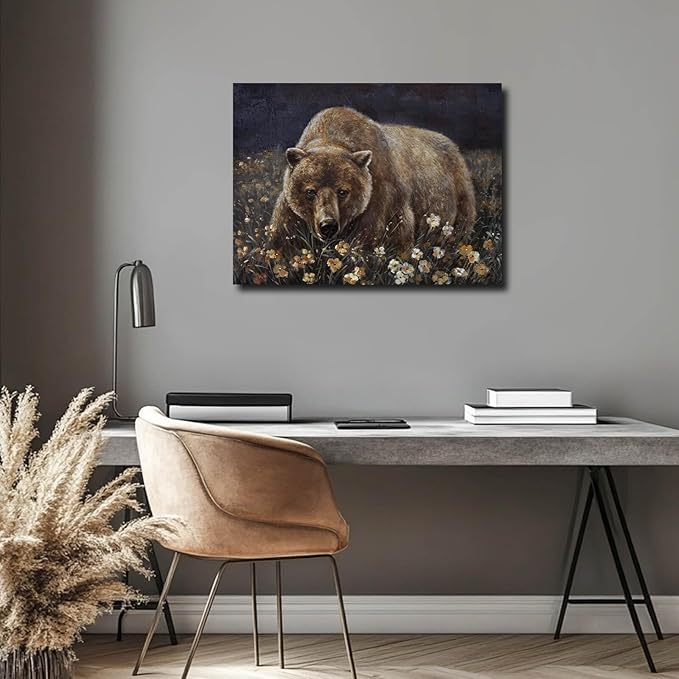 LEVERUP Bear Pictures Wall Artwork Brown Wall Art Printing Posters Wall Flowers Home Decor for Dining Room Office Living Room Decor Home 12×16 Inches