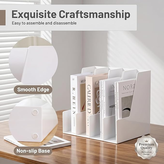 CiWiVOKi Vertical Magazine File Holder, Desk Organizer and Storage for Magazines, Binders, Notebooks, Envelopes, Multi-Purpose Desktop File Organizer for Home, Office & Classroom, 4 Pack, White