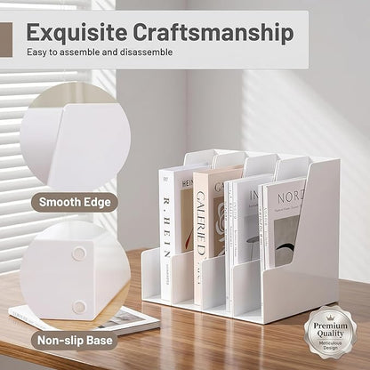 CiWiVOKi Vertical Magazine File Holder, Desk Organizer and Storage for Magazines, Binders, Notebooks, Envelopes, Multi-Purpose Desktop File Organizer for Home, Office & Classroom, 4 Pack, White