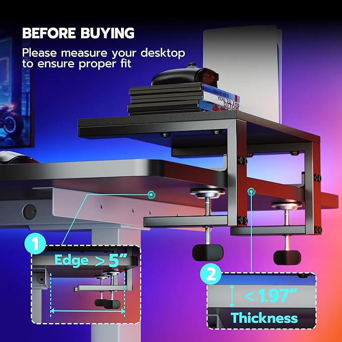 ARES WING Clamp-On Desk Extender & Monitor Shelf – 15" Space Booster, Freestanding or Clamp Mount, Holds 44 lbs, No Drill Desktop Organizer for Office/Gaming, Black