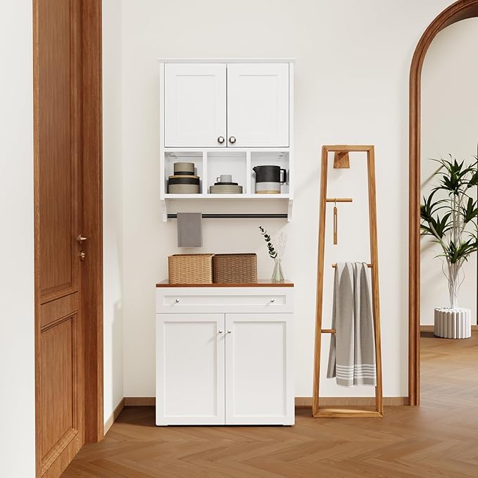 Over-The-Toilet Bathroom Storage Cabinet with Towel Bar, Space-Saving Wall Mounted Medicine Cabinet , 2 Doors & 1 Adjustable Shelf, Easy Install White Finish for Bathroom, Kitchen, Living Room