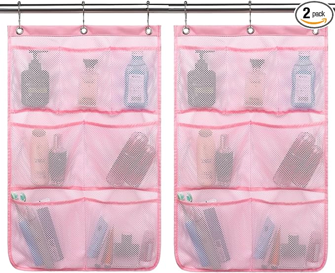 GYEUKHAM Mesh Shower Caddy Hanging Organizer with 7 Pockets and Hooks, Portable Quick Dry Bathroom Storage for College Dorm, Cruise, RV, Gym, Travel Toiletry Bag, Pink, 2 Pack
