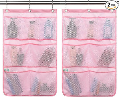 GYEUKHAM Mesh Shower Caddy Hanging Organizer with 7 Pockets and Hooks, Portable Quick Dry Bathroom Storage for College Dorm, Cruise, RV, Gym, Travel Toiletry Bag, Pink, 2 Pack