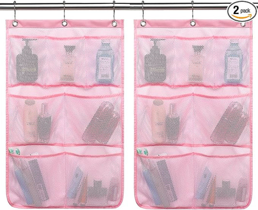 GYEUKHAM Mesh Shower Caddy Hanging Organizer with 7 Pockets and Hooks, Portable Quick Dry Bathroom Storage for College Dorm, Cruise, RV, Gym, Travel Toiletry Bag, Pink, 2 Pack