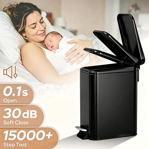 Small Bathroom Trash Can w/Lid Soft Close, 6 Liter/1.6 Gallon Stainless Steel Garbage Can w/Inner Bucket, Trash Bin Waste Basket for Kitchen, Bedroom, Living Room, Office, Toilet, Black