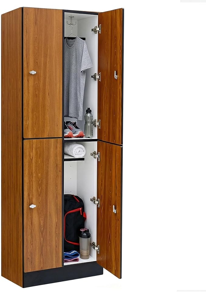 Alpine 4 Door Wooden Locker Cabinet - 72" Expandable Commercial Storage Lockers for Gym, Spa, Office & Golf Club - Includes Metal Base & Lock-Ready Handles, Double Column 2 Tier - Oak