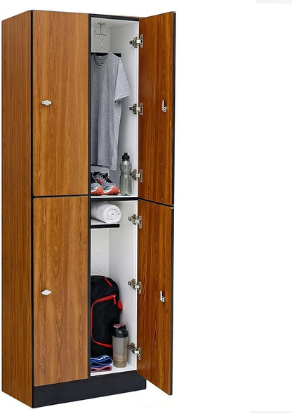 Alpine 4 Door Wooden Locker Cabinet - 72" Expandable Commercial Storage Lockers for Gym, Spa, Office & Golf Club - Includes Metal Base & Lock-Ready Handles, Double Column 2 Tier - Oak