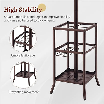 FAVOOSTY Coat Rack Freestanding,Coat Rack Stand with Umbrella Holder,Metal Coat Tree with 12 Hooks,Tree Clothes Hat for Entryway, Hallway, Bedroom, Living Room & Office -Brown